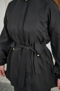 Gizli Fermuarlı Kemerli Pantolonlu Takım Siyah