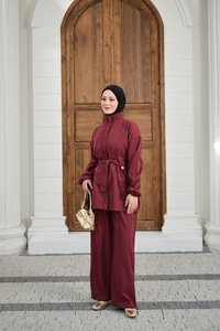 Gizli Fermuarlı Kemerli Pantolonlu Takım Bordo