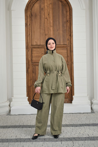 Gizli Fermuarlı Kemerli Pantolonlu Takım Küf Yeşil