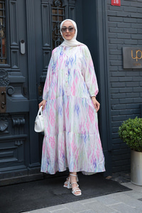 Gökkuşağı Desen Elbise Fıstık Yeşil