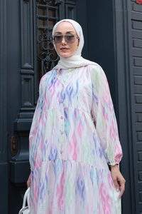 Gökkuşağı Desen Elbise Fıstık Yeşil