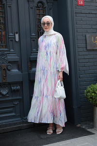 Gökkuşağı Desen Elbise Fıstık Yeşil