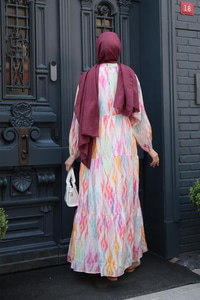 Gökkuşağı Desen Elbise Fuşya