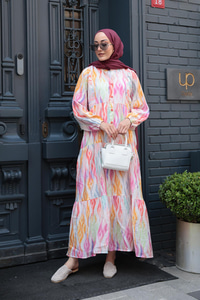 Gökkuşağı Desen Elbise Fuşya