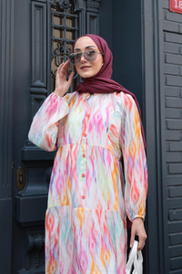 Gökkuşağı Desen Elbise Fuşya