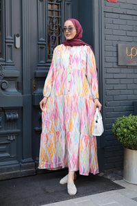 Gökkuşağı Desen Elbise Fuşya