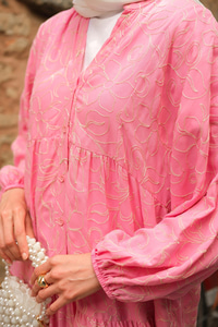 Gold Çicek Nakışlı Elbise Pembe