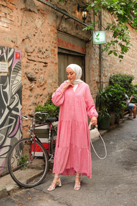 Gold Çicek Nakışlı Elbise Pembe