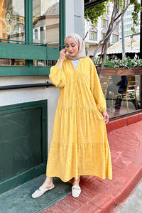 Gold Çicek Nakışlı Elbise Sarı