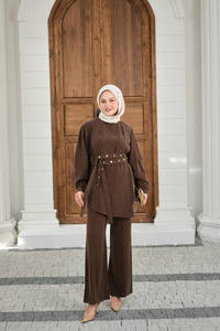 Gold Çıtçıt Kemerli Pantolonlu Takım Kahverengi