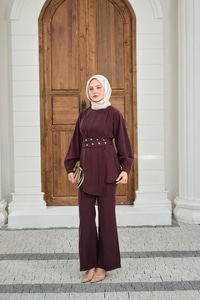 Gold Çıtçıt Kemerli Pantolonlu Takım Mürdüm