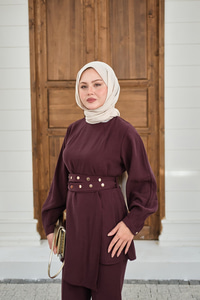 Gold Çıtçıt Kemerli Pantolonlu Takım Mürdüm