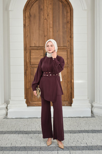 Gold Çıtçıt Kemerli Pantolonlu Takım Mürdüm