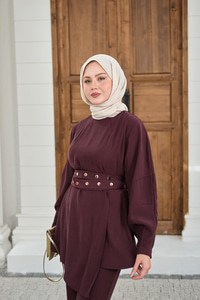 Gold Çıtçıt Kemerli Pantolonlu Takım Mürdüm