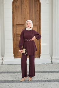 Gold Çıtçıt Kemerli Pantolonlu Takım Mürdüm