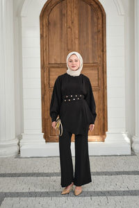 Gold Çıtçıt Kemerli Pantolonlu Takım Siyah