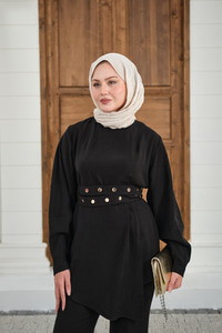 Gold Çıtçıt Kemerli Pantolonlu Takım Siyah