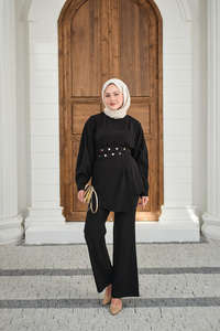 Gold Çıtçıt Kemerli Pantolonlu Takım Siyah