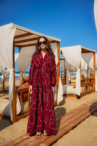 Gold Dikiş Detaylı Elbise Bordo