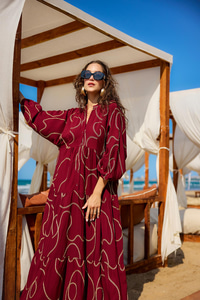 Gold Dikiş Detaylı Elbise Bordo