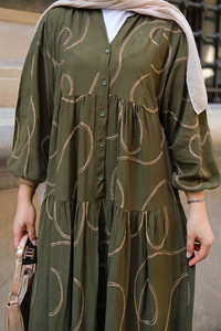 Gold Dikiş Detaylı Elbise Haki Yeşil