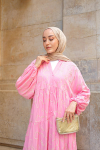 Gold Dikiş Detaylı Elbise Pembe