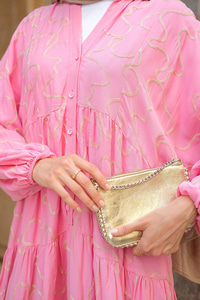 Gold Dikiş Detaylı Elbise Pembe