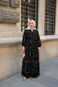 Gold Dikiş Detaylı Elbise Siyah