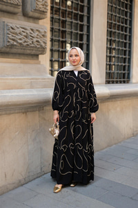 Gold Dikiş Detaylı Elbise Siyah