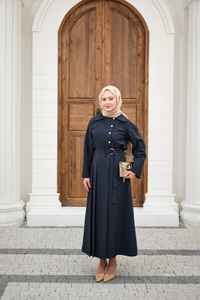 Gold Düğme Detay Etekli Takım Lacivert