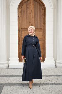 Gold Düğme Detay Etekli Takım Lacivert