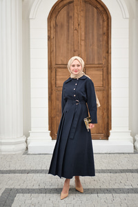 Gold Düğme Detay Etekli Takım Lacivert