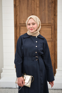 Gold Düğme Detay Etekli Takım Lacivert