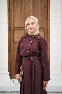 Gold Düğme Detay Etekli Takım Mürdüm