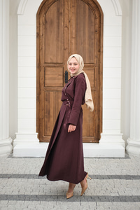 Gold Düğme Detay Etekli Takım Mürdüm