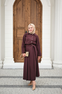 Gold Düğme Detay Etekli Takım Mürdüm