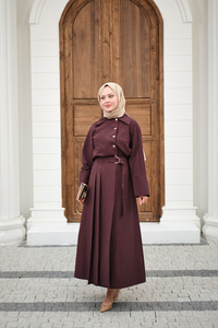 Gold Düğme Detay Etekli Takım Mürdüm