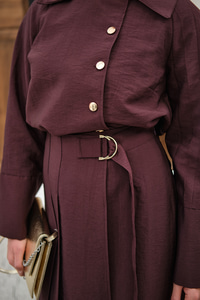 Gold Düğme Detay Etekli Takım Mürdüm