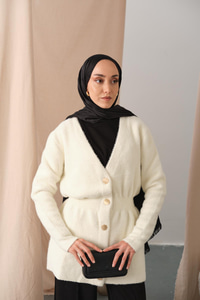 Gold Düğme Detay Hırka Beyaz