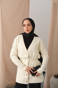 Gold Düğme Detay Hırka Beyaz