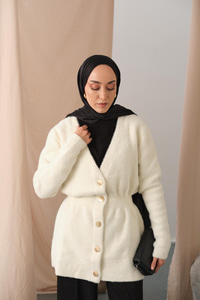 Gold Düğme Detay Hırka Beyaz