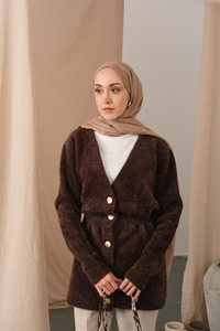 Gold Düğme Detay Hırka Kahverengi