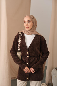 Gold Düğme Detay Hırka Kahverengi