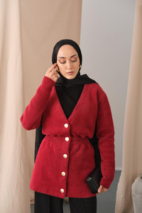 Gold Düğme Detay Hırka Kırmızı