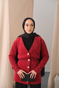 Gold Düğme Detay Hırka Kırmızı