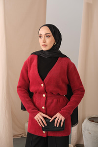 Gold Düğme Detay Hırka Kırmızı