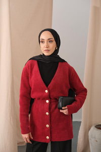 Gold Düğme Detay Hırka Kırmızı