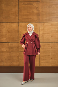 Gold Düğme Detay İkili Takım Bordo