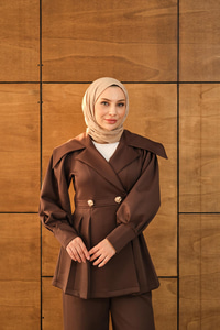 Gold Düğme Detay İkili Takım Kahverengi