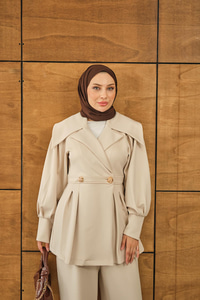 Gold Düğme Detay İkili Takım Krem